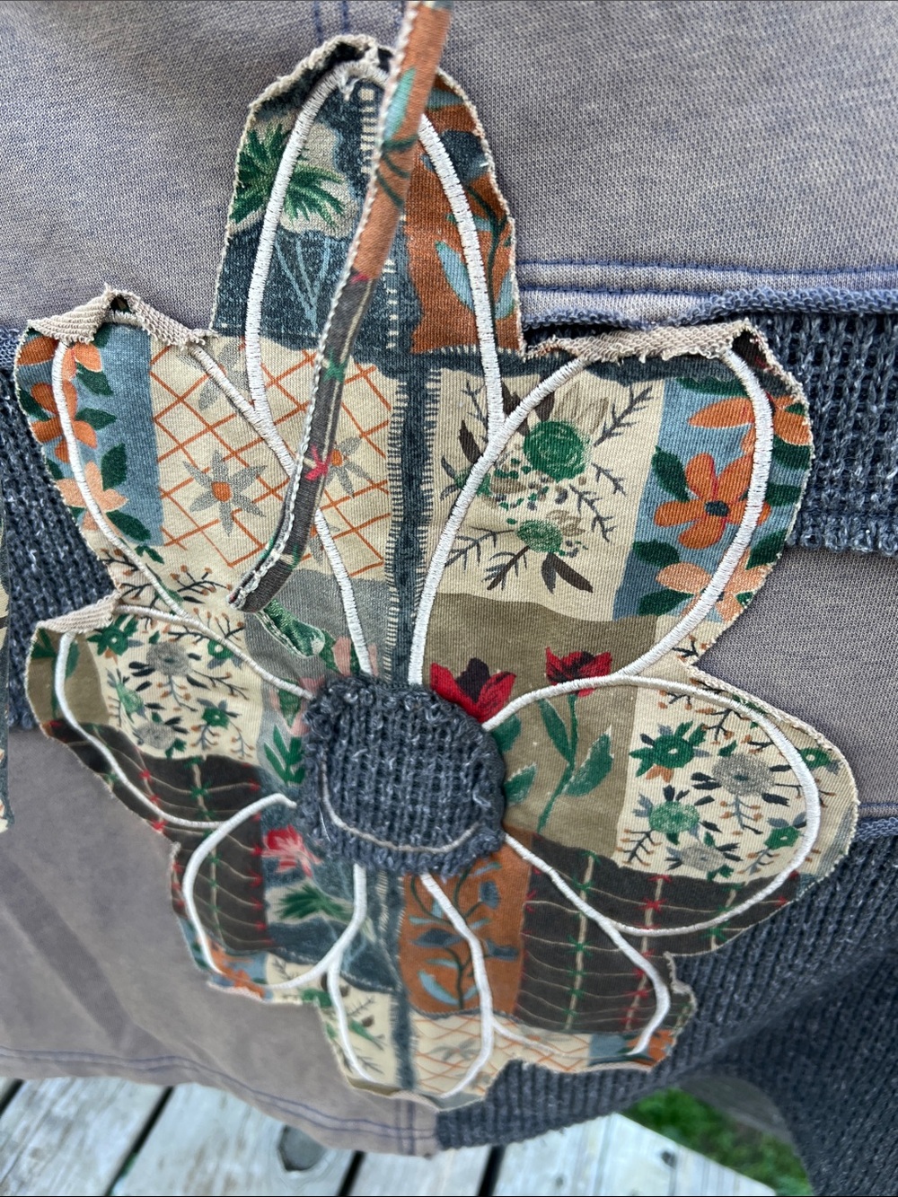 POL Patchwork Flower Appliqué Pullover Hoodie - Taupe, Gray, Green, Orange - Picture 8 of 9